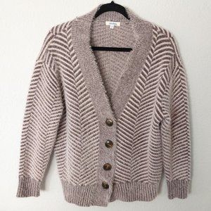 Cocobleu White and Grey Chevron Knit Fuzzy Button Down Cardigan